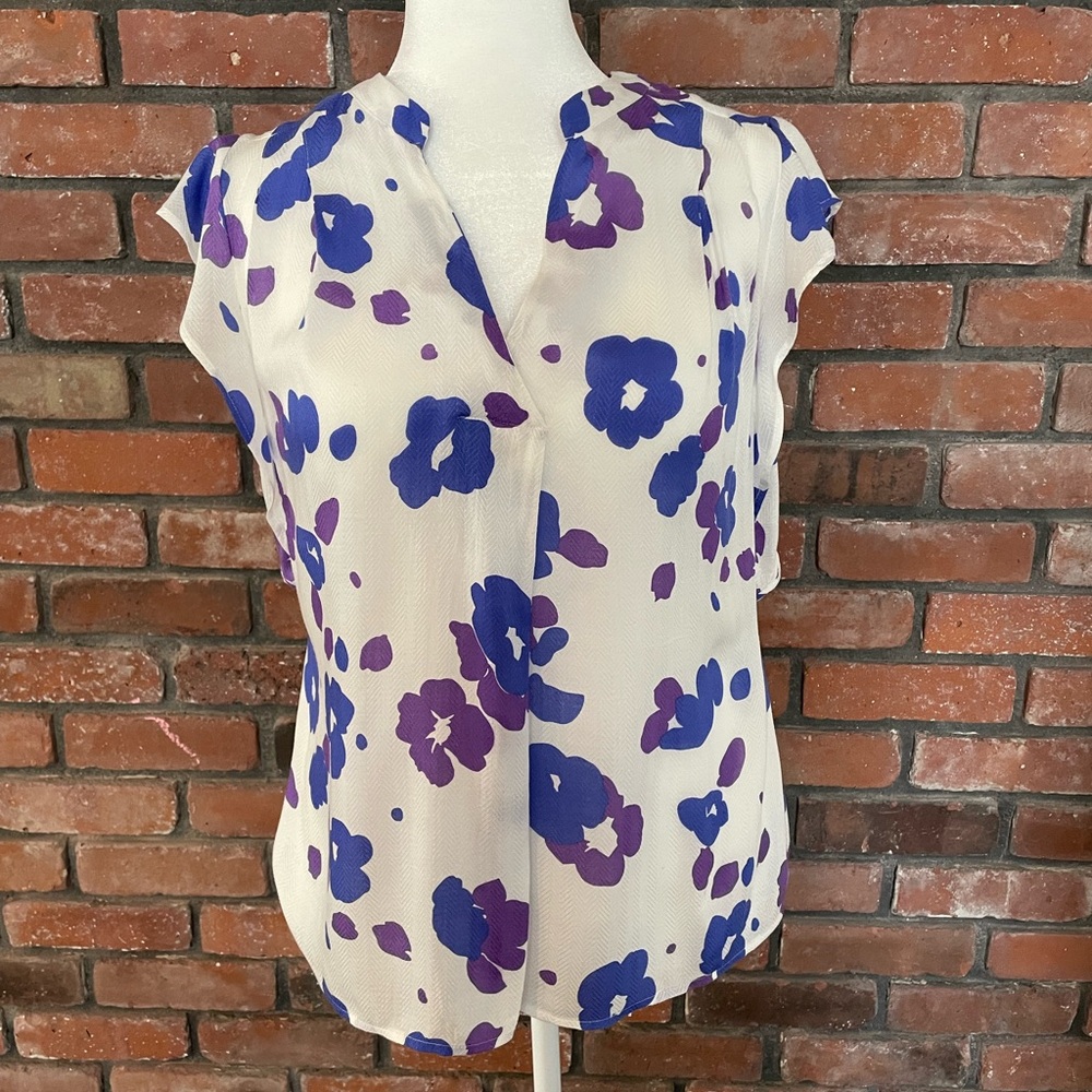 CAbi White and Purple Floral Blouse